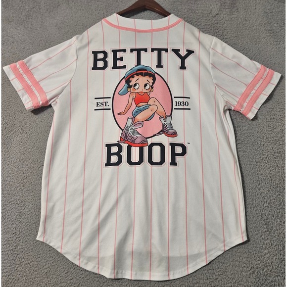 Betty Boop Tops - Betty Boop Jersey Womens Sz XL Pink White Button Retro Novelty Baseball Graphic